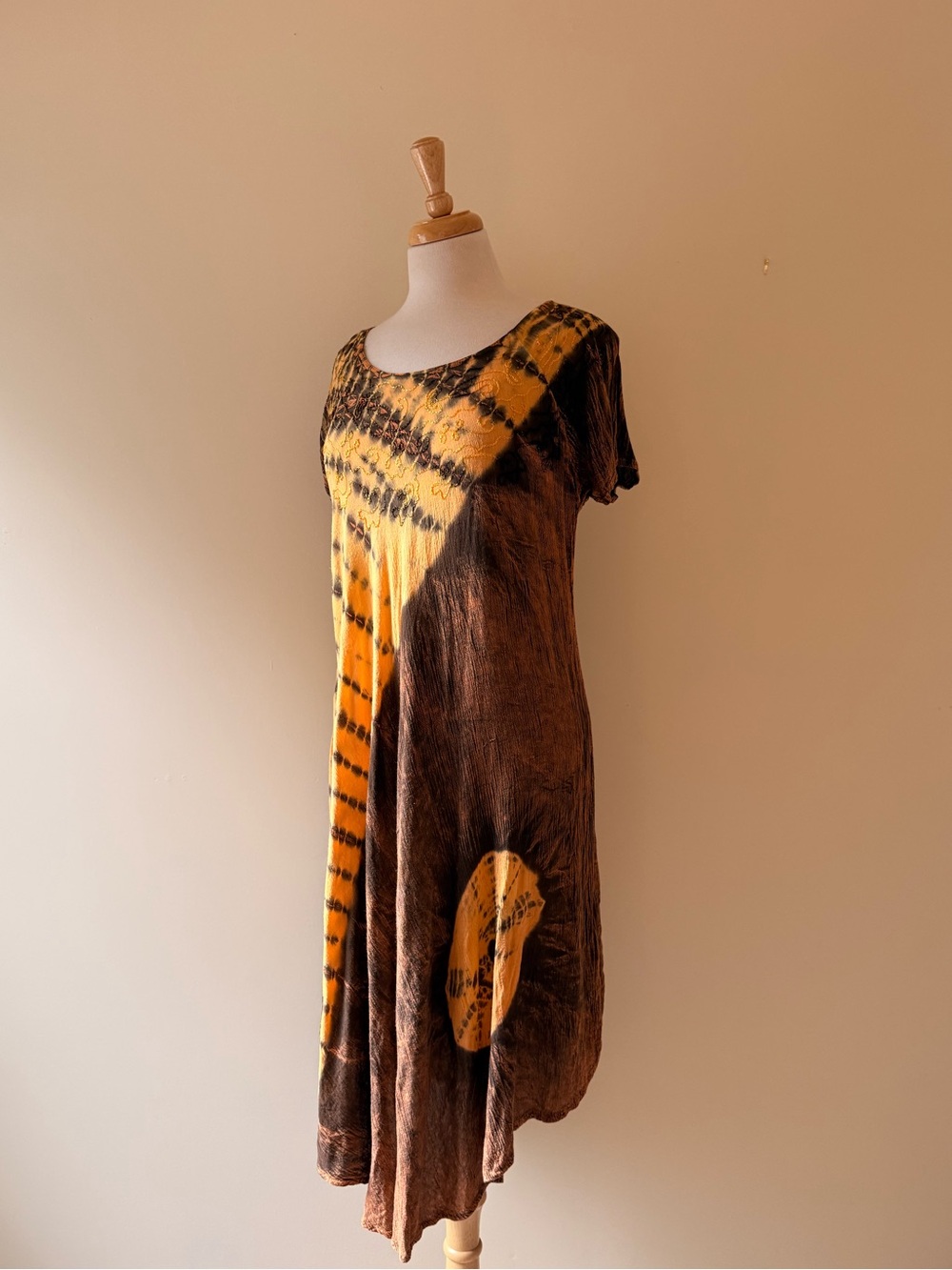 Vintage Tie Dye Embroidered Boho Maxi Dress Brown Mustard